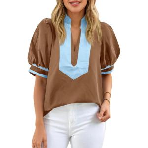 imageCicy Bell Womens Color Block Puff Sleeve Blouses Summer Casual Dressy V Neck Tops Loose Fit Tee ShirtsBrown