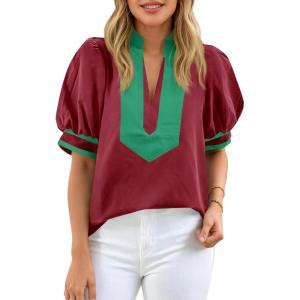 imageCicy Bell Womens Color Block Puff Sleeve Blouses Summer Casual Dressy V Neck Tops Loose Fit Tee ShirtsBurgundy