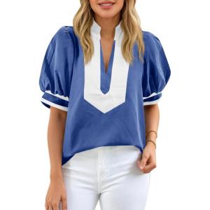 imageCicy Bell Womens Color Block Puff Sleeve Blouses Summer Casual Dressy V Neck Tops Loose Fit Tee ShirtsRoyal Blue