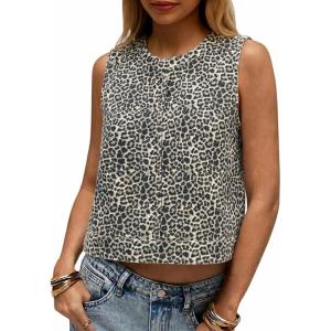 imageCicy Bell Womens Denim Tank Tops Crew Neck Summer Casual Sleeveless Shirts Cropped Loose Fit Jean VestsLeopard White
