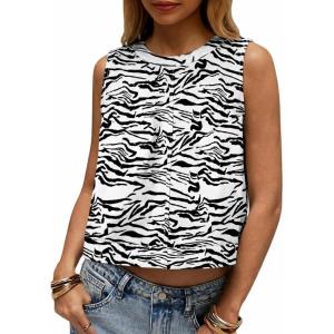 imageCicy Bell Womens Denim Tank Tops Crew Neck Summer Casual Sleeveless Shirts Cropped Loose Fit Jean VestsZebra