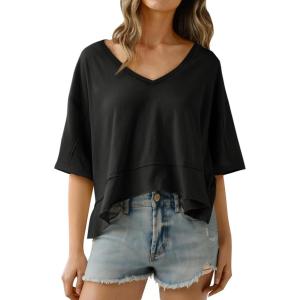 imageCicy Bell Womens Oversized Crop TShirts Summer V Neck Short Sleeve Tops Casual Loose Fit Curved Hem Boxy Tee ShirtBlack