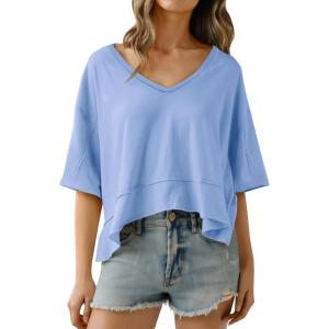 imageCicy Bell Womens Oversized Crop TShirts Summer V Neck Short Sleeve Tops Casual Loose Fit Curved Hem Boxy Tee ShirtBlue