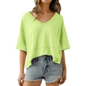 imageCicy Bell Womens Oversized Crop TShirts Summer V Neck Short Sleeve Tops Casual Loose Fit Curved Hem Boxy Tee ShirtFluorescent Green