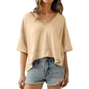 imageCicy Bell Womens Oversized Crop TShirts Summer V Neck Short Sleeve Tops Casual Loose Fit Curved Hem Boxy Tee ShirtKhaki