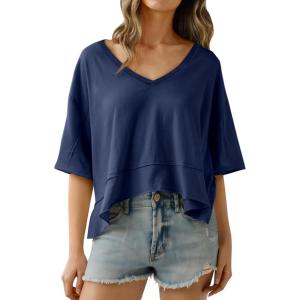 imageCicy Bell Womens Oversized Crop TShirts Summer V Neck Short Sleeve Tops Casual Loose Fit Curved Hem Boxy Tee ShirtNavy
