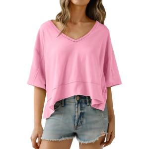 imageCicy Bell Womens Oversized Crop TShirts Summer V Neck Short Sleeve Tops Casual Loose Fit Curved Hem Boxy Tee ShirtPink