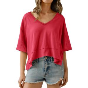 imageCicy Bell Womens Oversized Crop TShirts Summer V Neck Short Sleeve Tops Casual Loose Fit Curved Hem Boxy Tee ShirtRed