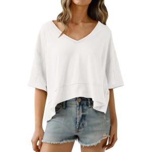 imageCicy Bell Womens Oversized Crop TShirts Summer V Neck Short Sleeve Tops Casual Loose Fit Curved Hem Boxy Tee ShirtWhite