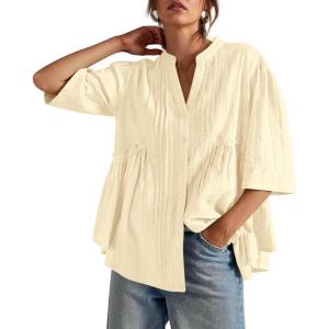 imageCicy Bell Womens Peplum Button Down Shirts Summer V Neck Half Sleeve Blouses Dressy Casual Flowy Babydoll TopsCreamy White