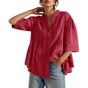 imageCicy Bell Womens Peplum Button Down Shirts Summer V Neck Half Sleeve Blouses Dressy Casual Flowy Babydoll TopsRed
