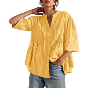 imageCicy Bell Womens Peplum Button Down Shirts Summer V Neck Half Sleeve Blouses Dressy Casual Flowy Babydoll TopsYellow