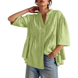 imageCicy Bell Womens Peplum Button Down Shirts Summer V Neck Half Sleeve Blouses Dressy Casual Flowy Babydoll TopsYellow Green