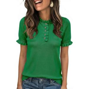 imageCicy Bell Womens Puff Short Sleeve Sweater Tops Ruffle Henley Neck Spring Summer Pullover Dressy Casual Knit ShirtsGreen