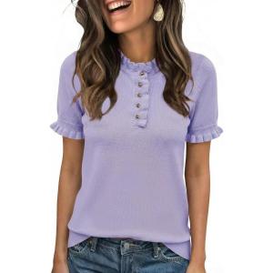 imageCicy Bell Womens Puff Short Sleeve Sweater Tops Ruffle Henley Neck Spring Summer Pullover Dressy Casual Knit ShirtsPale Purple