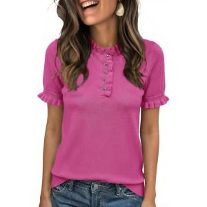 imageCicy Bell Womens Puff Short Sleeve Sweater Tops Ruffle Henley Neck Spring Summer Pullover Dressy Casual Knit ShirtsRose Red