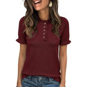 imageCicy Bell Womens Puff Short Sleeve Sweater Tops Ruffle Henley Neck Spring Summer Pullover Dressy Casual Knit ShirtsWine Red