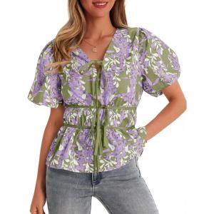 imageCicy Bell Womens Puff Sleeve Tie Front Tops Summer Babydoll Peplum V Neck Blouse Casual Dressy Pleated Floral Print ShirtsArmy Green