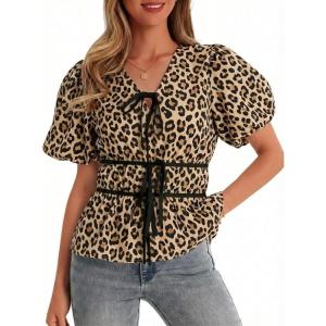 imageCicy Bell Womens Puff Sleeve Tie Front Tops Summer Babydoll Peplum V Neck Blouse Casual Dressy Pleated Floral Print ShirtsLeopard Print