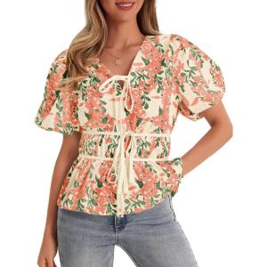 imageCicy Bell Womens Puff Sleeve Tie Front Tops Summer Babydoll Peplum V Neck Blouse Casual Dressy Pleated Floral Print ShirtsOrange