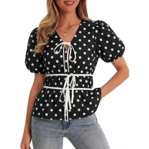 imageCicy Bell Womens Puff Sleeve Tie Front Tops Summer Babydoll Peplum V Neck Blouse Casual Dressy Pleated Floral Print ShirtsPolka Dot