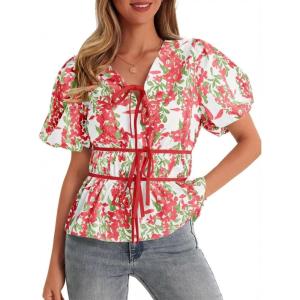 imageCicy Bell Womens Puff Sleeve Tie Front Tops Summer Babydoll Peplum V Neck Blouse Casual Dressy Pleated Floral Print ShirtsRed