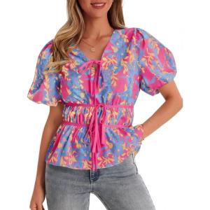 imageCicy Bell Womens Puff Sleeve Tie Front Tops Summer Babydoll Peplum V Neck Blouse Casual Dressy Pleated Floral Print ShirtsRose Red