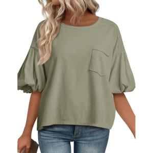 imageCicy Bell Womens Puff Sleeve Tops Crew Neck Drop Shoulder Pocket TShirt Summer Casual Tees Loose Fit BlouseArmy Green