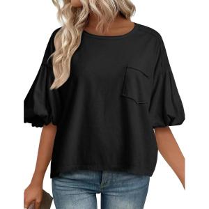 imageCicy Bell Womens Puff Sleeve Tops Crew Neck Drop Shoulder Pocket TShirt Summer Casual Tees Loose Fit BlouseBlack