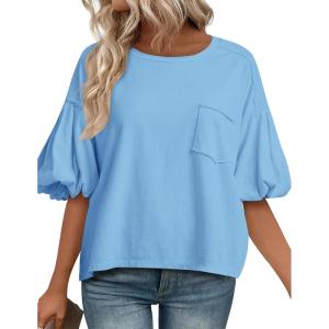 imageCicy Bell Womens Puff Sleeve Tops Crew Neck Drop Shoulder Pocket TShirt Summer Casual Tees Loose Fit BlouseBlue