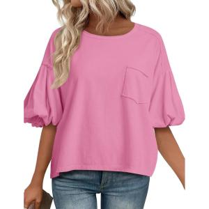 imageCicy Bell Womens Puff Sleeve Tops Crew Neck Drop Shoulder Pocket TShirt Summer Casual Tees Loose Fit BlousePink
