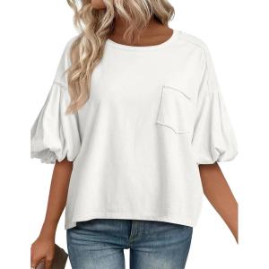 imageCicy Bell Womens Puff Sleeve Tops Crew Neck Drop Shoulder Pocket TShirt Summer Casual Tees Loose Fit BlouseWhite