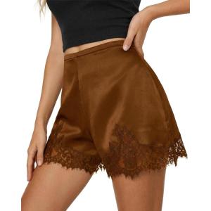 imageCicy Bell Womens Satin Silk Lace Shorts Y2K Micro Mini Shorts Low Rise Coquette Lounge Half Slip French Knickers Pj BottomsBrown