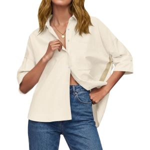 imageCicy Bell Womens Summer Oversized Button Down Shirts Half Sleeve V Neck Business Casual High Low Tops Loose Fit BlousesBeige