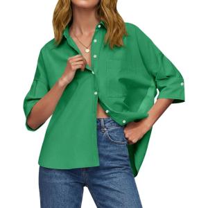 imageCicy Bell Womens Summer Oversized Button Down Shirts Half Sleeve V Neck Business Casual High Low Tops Loose Fit BlousesGreen