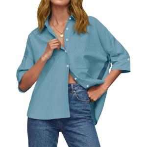 imageCicy Bell Womens Summer Oversized Button Down Shirts Half Sleeve V Neck Business Casual High Low Tops Loose Fit BlousesLake Blue