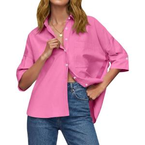 imageCicy Bell Womens Summer Oversized Button Down Shirts Half Sleeve V Neck Business Casual High Low Tops Loose Fit BlousesRose Red