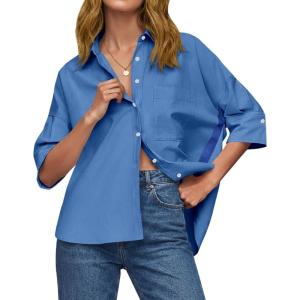 imageCicy Bell Womens Summer Oversized Button Down Shirts Half Sleeve V Neck Business Casual High Low Tops Loose Fit BlousesRoyal Blue