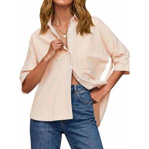 imageCicy Bell Womens Summer Oversized Button Down Shirts Half Sleeve V Neck Business Casual High Low Tops Loose Fit BlousesStriped Apricot