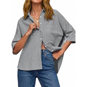 imageCicy Bell Womens Summer Oversized Button Down Shirts Half Sleeve V Neck Business Casual High Low Tops Loose Fit BlousesStriped Black