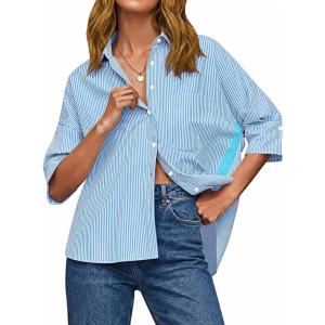 imageCicy Bell Womens Summer Oversized Button Down Shirts Half Sleeve V Neck Business Casual High Low Tops Loose Fit BlousesStriped Blue