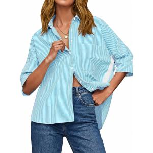 imageCicy Bell Womens Summer Oversized Button Down Shirts Half Sleeve V Neck Business Casual High Low Tops Loose Fit BlousesStriped Lake Blue