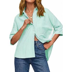 imageCicy Bell Womens Summer Oversized Button Down Shirts Half Sleeve V Neck Business Casual High Low Tops Loose Fit BlousesStriped Light Green