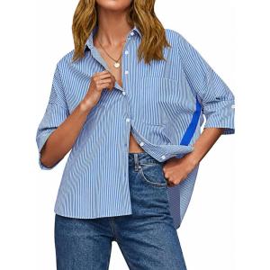 imageCicy Bell Womens Summer Oversized Button Down Shirts Half Sleeve V Neck Business Casual High Low Tops Loose Fit BlousesStriped Navy