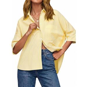 imageCicy Bell Womens Summer Oversized Button Down Shirts Half Sleeve V Neck Business Casual High Low Tops Loose Fit BlousesStriped Yellow
