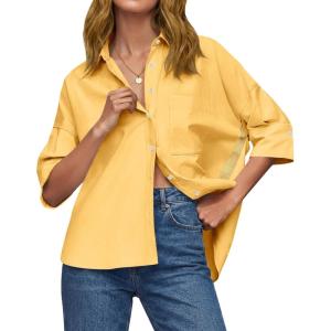 imageCicy Bell Womens Summer Oversized Button Down Shirts Half Sleeve V Neck Business Casual High Low Tops Loose Fit BlousesYellow