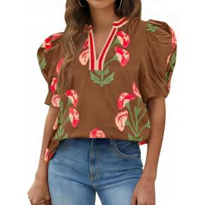 imageCicy Bell Womens Summer Puff Sleeve Blouses Casual Dressy V Neck Color Block Tops Loose Fit Boho Floral Printed Tee ShirtsBrown