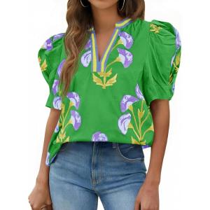 imageCicy Bell Womens Summer Puff Sleeve Blouses Casual Dressy V Neck Color Block Tops Loose Fit Boho Floral Printed Tee ShirtsTender Green