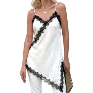imageCicy Bell Womens Summer Satin Lace Cami Tops Sexy V Neck Asymmetrical Backless Camisole Club Spaghetti Strap Silky DressWhite