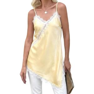 imageCicy Bell Womens Summer Satin Lace Cami Tops Sexy V Neck Asymmetrical Backless Camisole Club Spaghetti Strap Silky DressYellow